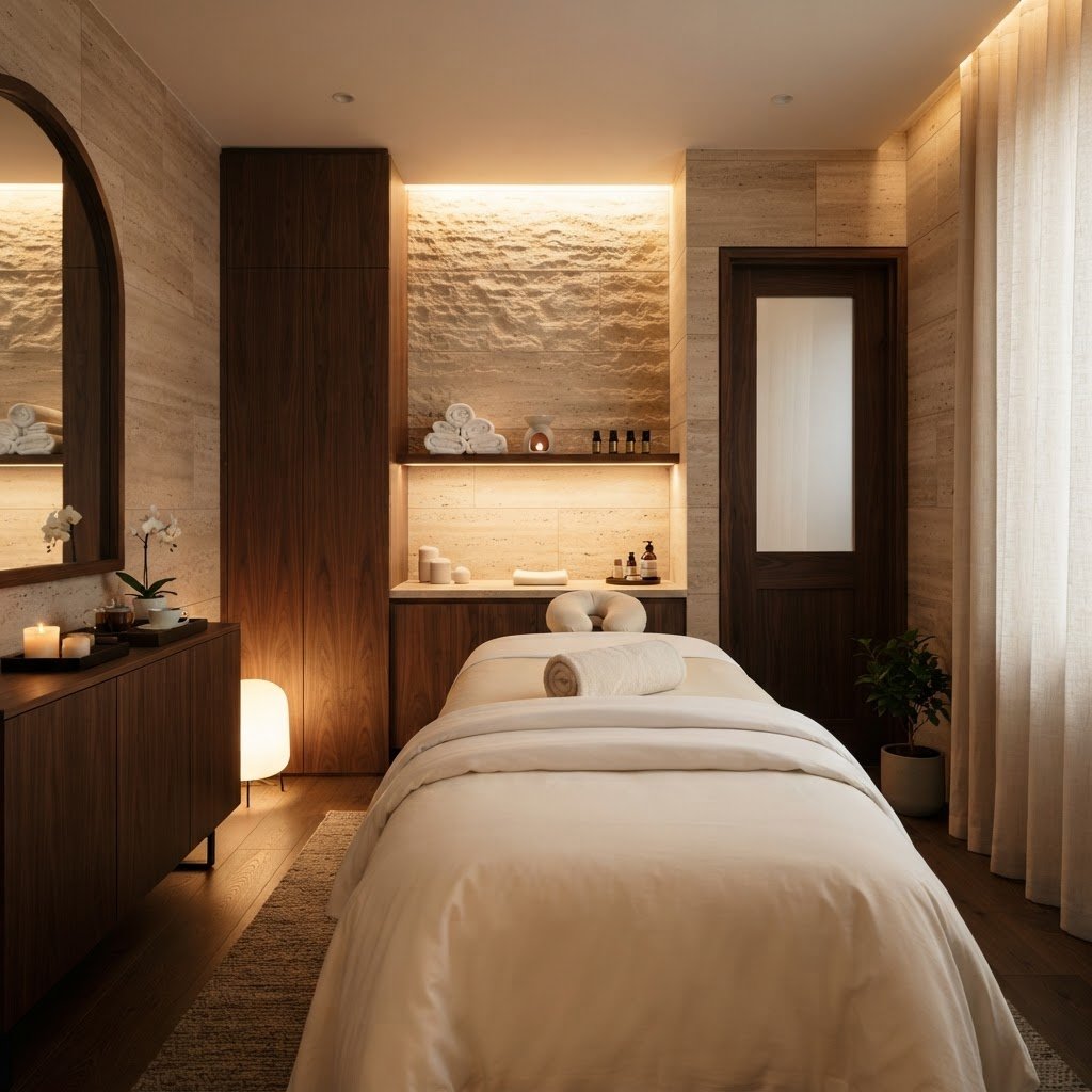 Premium spa interior with warm indirect lighting and natural stone textures