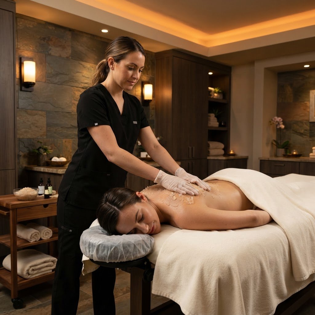 Professional body scrub and body care treatment in a premium spa setting