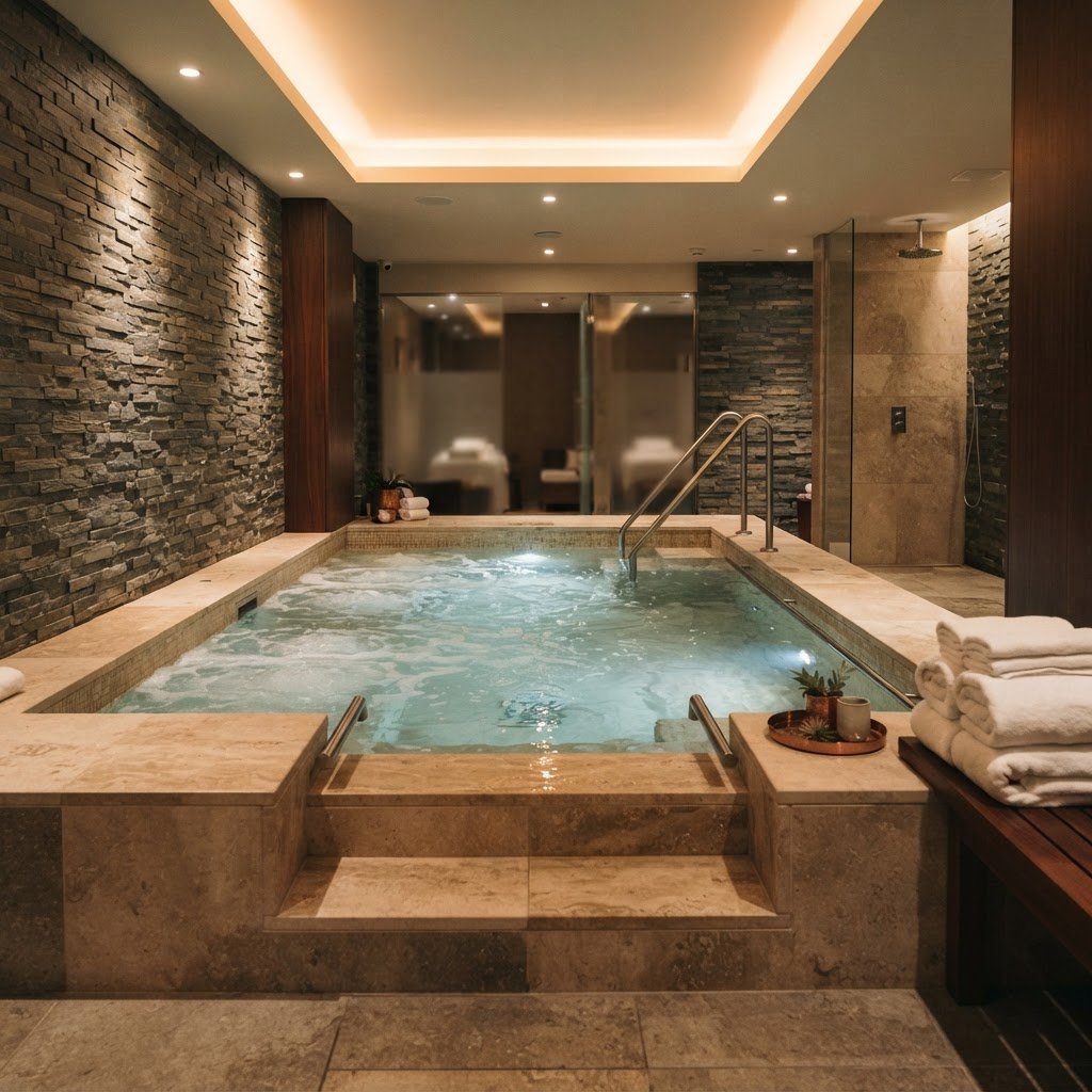 Premium indoor spa jacuzzi pool with warm ambient lighting and natural stone surround