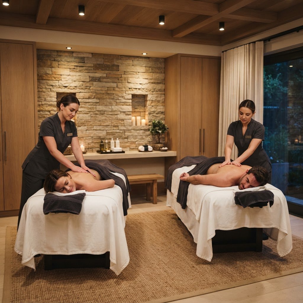 Professional shared spa massage experience with two guests in a premium wellness setting