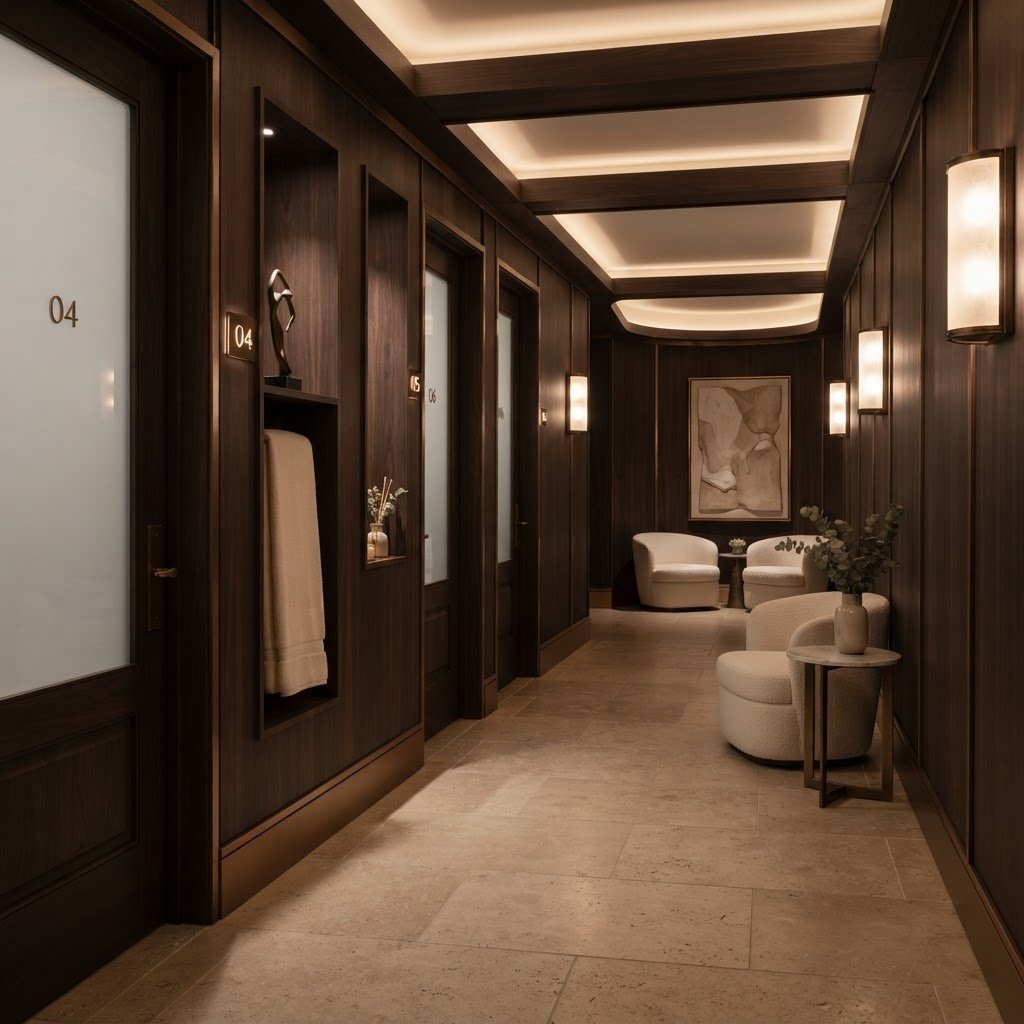 Premium spa interior with warm indirect lighting and natural stone textures